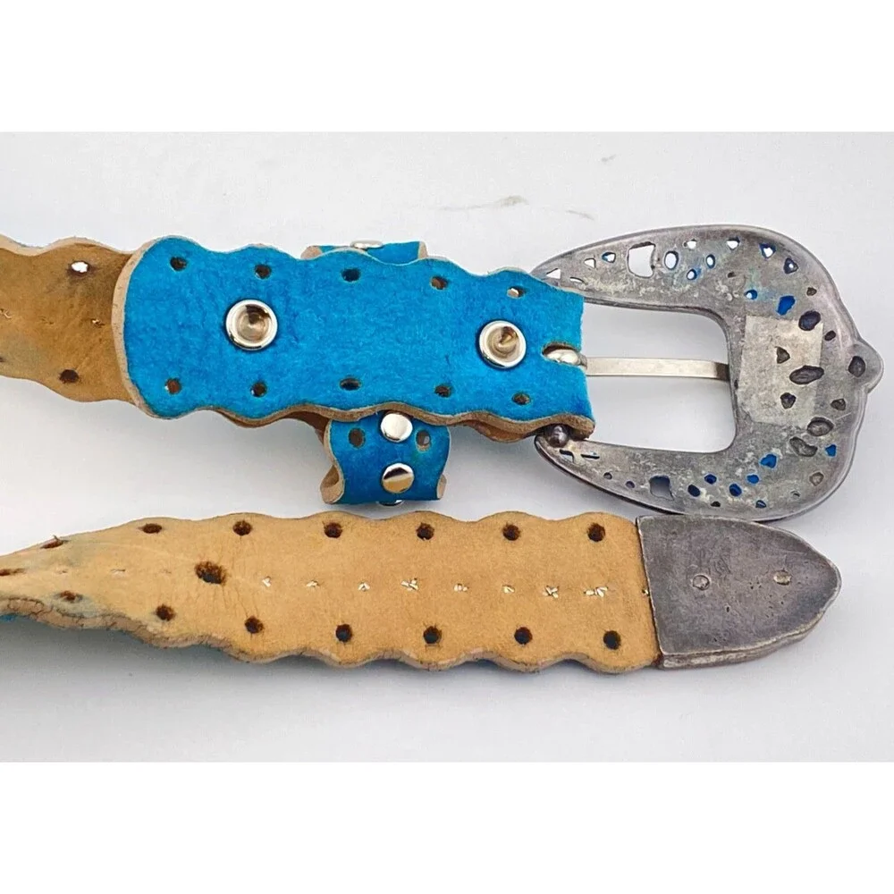 Vtg Leather Western Belt Womens S Rhinestone Studs Cowgirl Turquoise Blue Suede